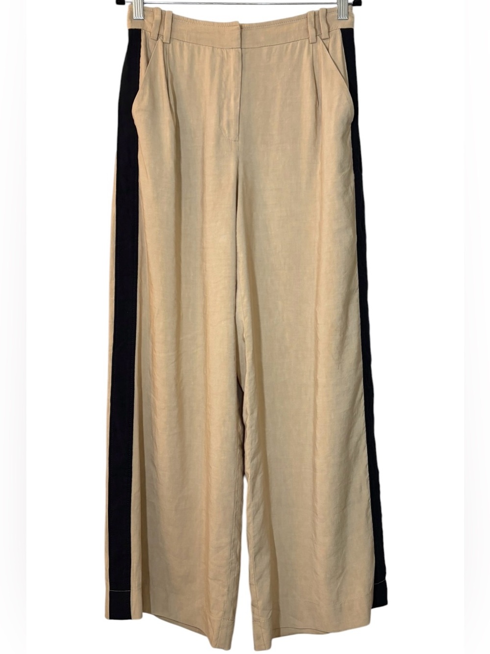 Veronika Maine Beige High-Waisted Wide-Leg Linen Pants Contrast Black Stripe Sz8